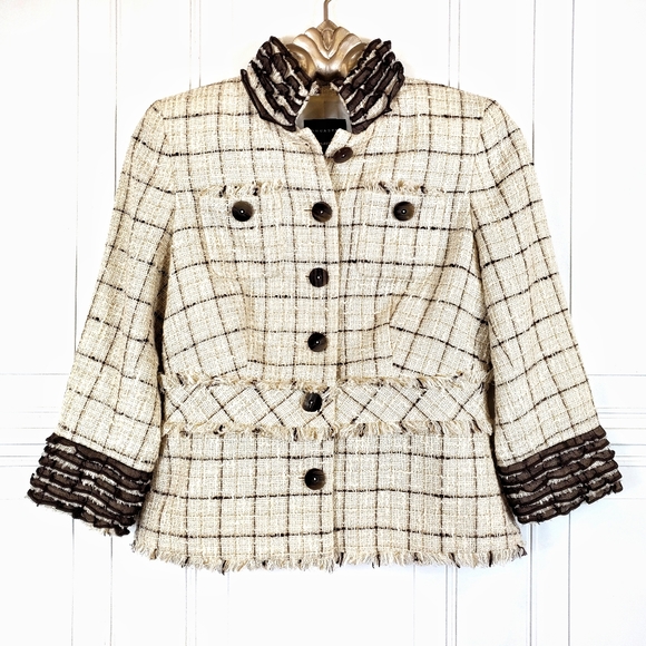 DONCASTER Silk Linen Jacket Sz 2 XS Tweed Ruffle Chiffon 3/4 Sleeve Boutique - Picture 2 of 13